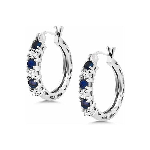 14K White Gold Plated Blue Round Cut Cubic Zirconia Men Women Hoop Earrings